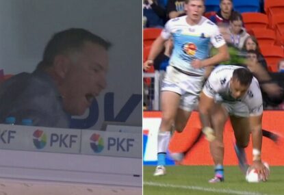 WATCH: Adam O'Brien nearly smashes hole in desk after Knights give up soft try