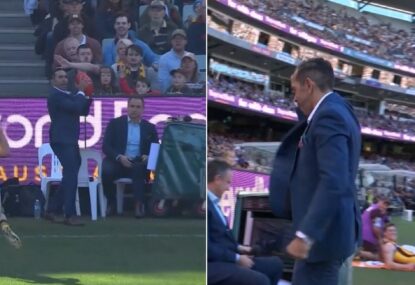 WATCH: Eddie Betts hams it up after getting accidentally laced out by Kozzie Pickett