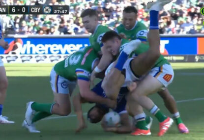 WATCH: Raiders Ethan Strange ends up on report for awkward lifting tackle on Bulldog