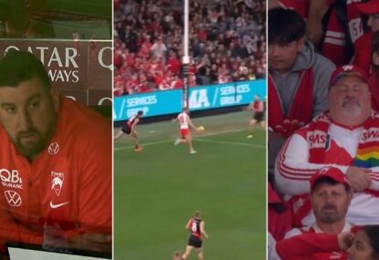 WATCH: Cox, Swans fans horrified as ex-Bomber has 'one of the great misses of all time'