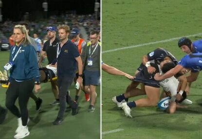 'Big blow for Australian rugby': Noah Lolesio stretchered off after spinal injury against Force
