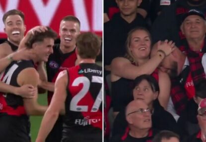 WATCH: Beautiful scenes as Dons debutant's first AFL goal reduces proud dad to tears
