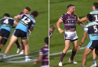 WATCH: Nathan Brown comes off the back fence, is axed, gets up looking for a fight