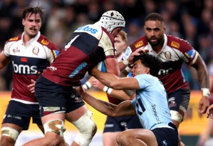 Waratahs' finals hopes all but over after Daugunu magic sets up late Reds win, Suaalii knocked out in sickening blow